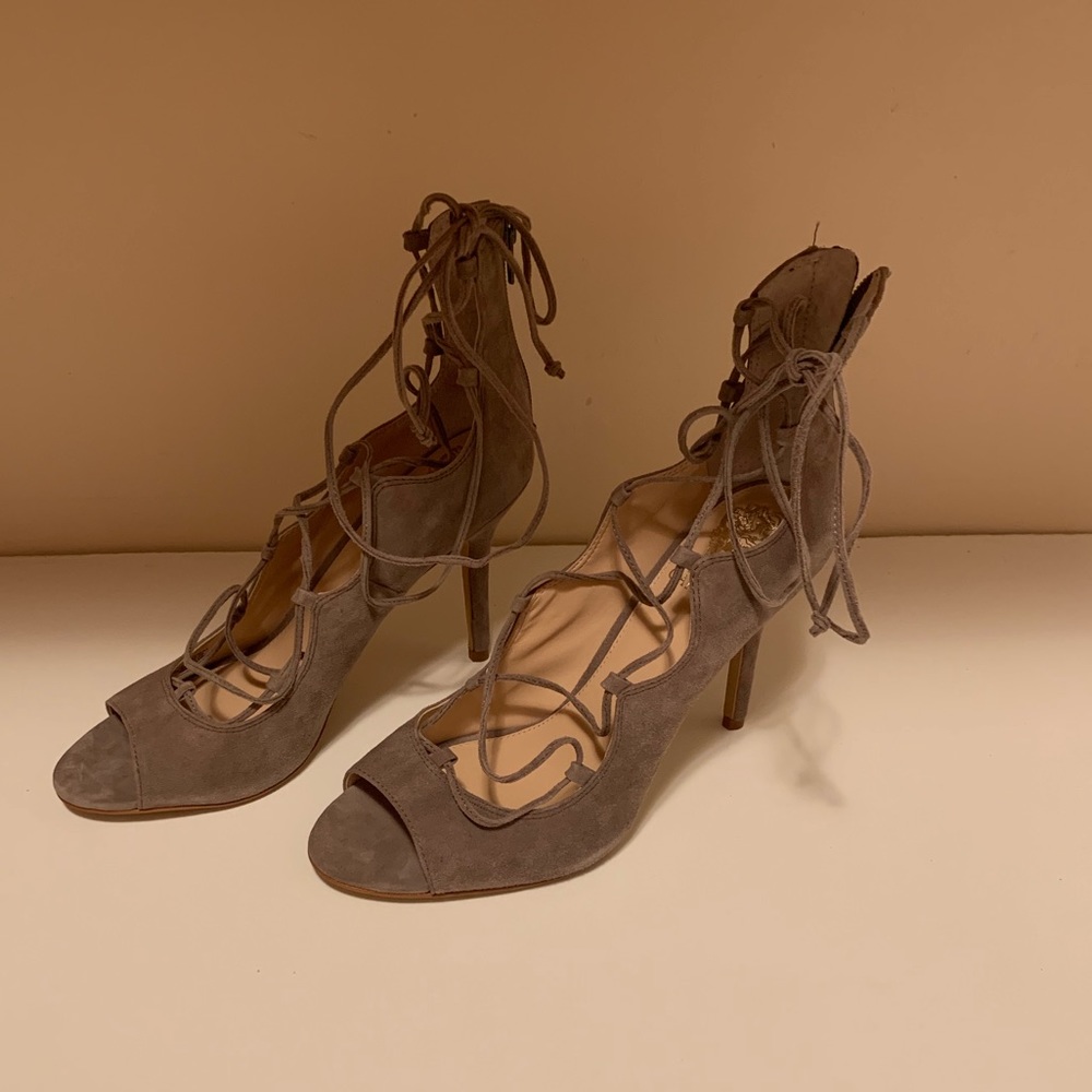 Vince Camuto Sandria taupe lace up peep toe heel